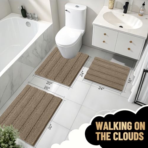 Image of OLANLY Thick Small Bathroom Rugs 24x16, Extra Soft Absorbent Chenille Striped Bath Rugs, Rubber Backing, Machine Wash, Bath Mats for Bathroom Floor, Tub and Shower, Home Decor Accessories, Tan