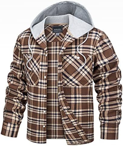 TACVASEN Flannel Shirts for Men Casual Plaid Lightweight Cotton Shirt Jackets with Hood Brown S