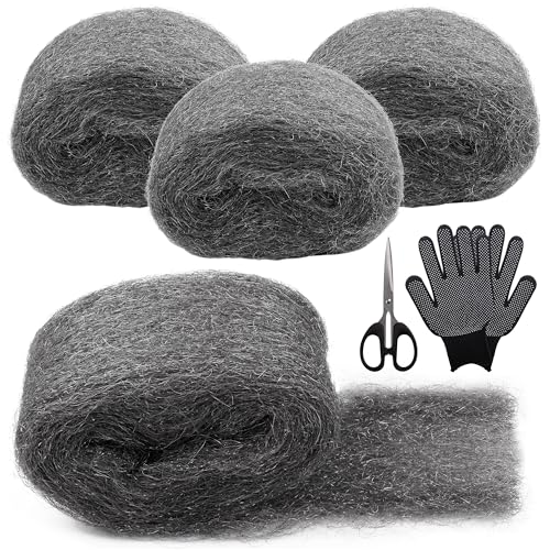 GXFCING Steel Wool, 4 Rolls Fine Wire Wool Mice Rats Blocker with Work Gloves and Scissors, 0000 Steel Wool for Cleaning, Polishing, Hole Filler Wall, Keeps Mice & Rodents Away (3m/ Roll)