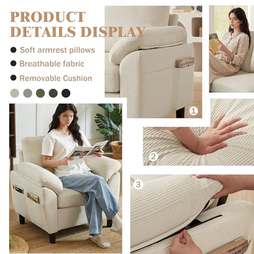 Image of 3 Pieces Corduroy Sofa Set for Living Room with Sofa, Storage Ottoman and Single Chair