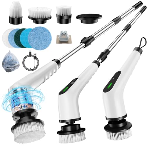 Timzeit Elektrische Reinigungsbürste 9 in 1 Elektrische Putzbürste mit austauschbaren Bohrbürstenköpfen Electric Cleaning Brush mit Verstellbarem Griff und 3000mAh Akku für Bad/Küche/Auto/Fliesen