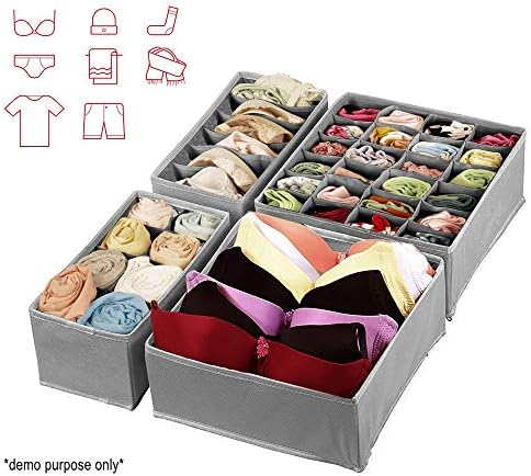Baodan Bra Underwear Drawer Organiser Dividers Kit, Set of 4 Fabric Wardrobe Organisers Foldable Closet Storage Boxes Cabinet Organizer for Socks, Bra, Underwear Ties, Scarves, Handkerchiefs (Grey)