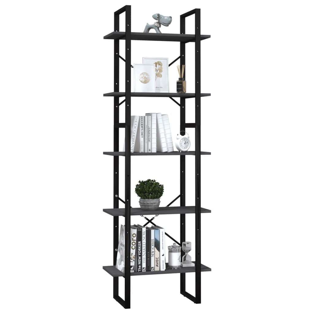 Genérico Biblioteca 5 niveles Gris 60x30x175 cm Madera Pin Metal | 2 Armarios Alturas Diferentes, Combinación Modular, Limpieza Fácil, Almacenamiento Libros Revistas