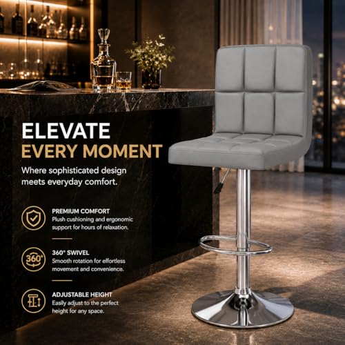 Image of Kemon KaiMeng Modern Adjustable Swivel Bar Stool Chair with Backrest, PU Leather Hydraulic Counter Stool with Footrest for Kitchen Island, Cafe & Home Bar, Grey, Square Tufted Back Stool