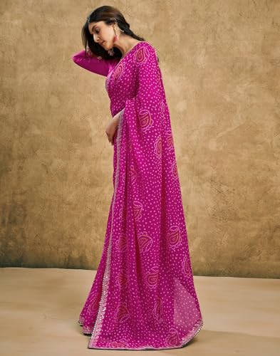 Image of SIRIL Women's Georgette Bandhani Printed Saree, Traditional Wedding Sarees For Women With Unstitched Blouse Piece