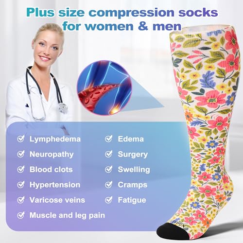 Image of LEVSOX Plus Size Compression Socks for Women Men Wide Calf Extra Large 15-20 mmHg Knee High Sock for Nurses Pregnant Travel