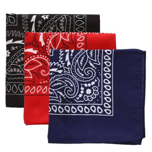Bandana Handkerchiefs - Large/Jumbo Paisley Cowboy Bandanas for Men & Women - Head & Face Wrap Scarf - 3 Pack Black Red Blue