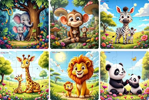 Image of Fiddlys Single Layered Wooden Jigsaw Puzzle Games for Children & Kids -9 Pieces Age 2 3 4 5 6 Year Old Years Old Girls & Boys Animals Jigsaw Puzzle (Pack of 6 Wild Animal)