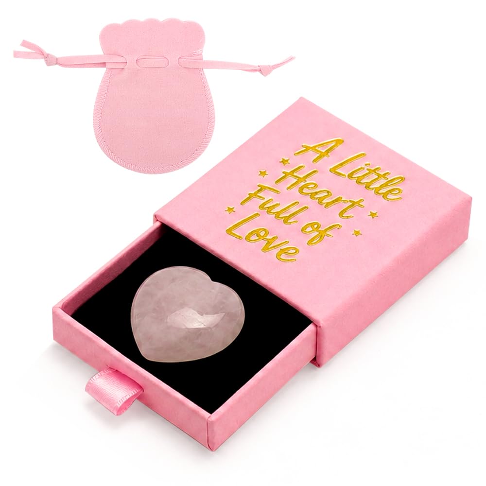 WALLFID Natural Crystal Keepsake Stone Set, Moon Heart Star Stones with Pink Velvet Pouch, Romantic Gift for Girlfriend Wife Her, Valentine’s Day Birthday Christmas (Heart)