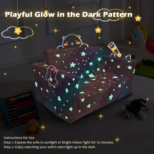 Truwelby Kids Sofa, Glow In The Dark Toddler Chairs Children's Extra Wide Convertible Sofa To Lounger - Extra Soft 2 Seats 2 In 1 Flip Open Chair & Sleeper, Toddler Couch, Sofa Bed For Boys Girls #TOP3