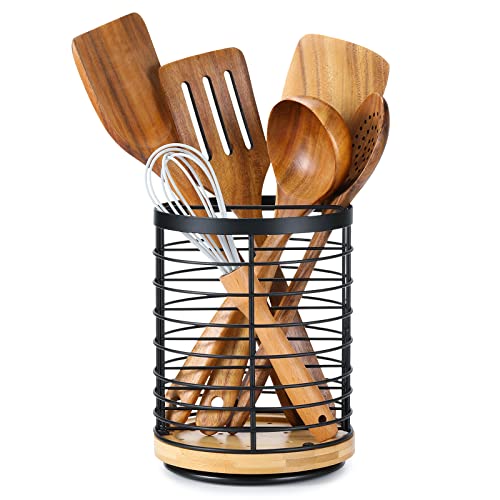 360° Rotating Utensil holder for Kitchen Counter 5.9 x 5.9 x 7.8 Large Round Utensils Holder with Wooden Base Matte Black Cooking Utensil Holder?Kitchen countertop Utensil Organizer