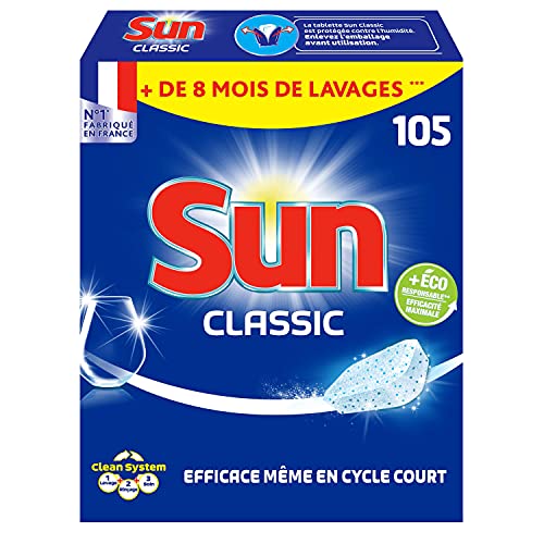 Sun Tablettes Lave-Vaisselle Classic, Formule concentrée, efficace en cycle court, vaisselle impecable, 105 tablettes