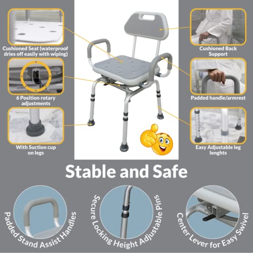 Inno Medical Premium Bathroom Swivel Padded Shower Chair Bath Bench With Back, 360 Degree Swivel Seat With Locking Mechanism And Center Lever For Easy Swivel #TOP2