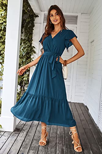 Image of PRETTYGARDEN 2023 Women's Floral Summer Dress V Neck Short Sleeve Ruffle Hem A-Line Boho Maxi Dresses
