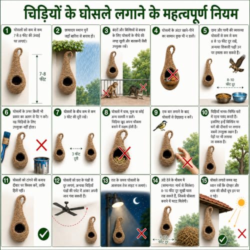Image of Handwoven Coir Bird Nest - Natural Hanging Birdhouse for Sparrows, Finches, Java Sparrows & Other Small Birds, Ideal for Gardens, Balconies & Trees, (Pair of 1)(* 2 pcs)