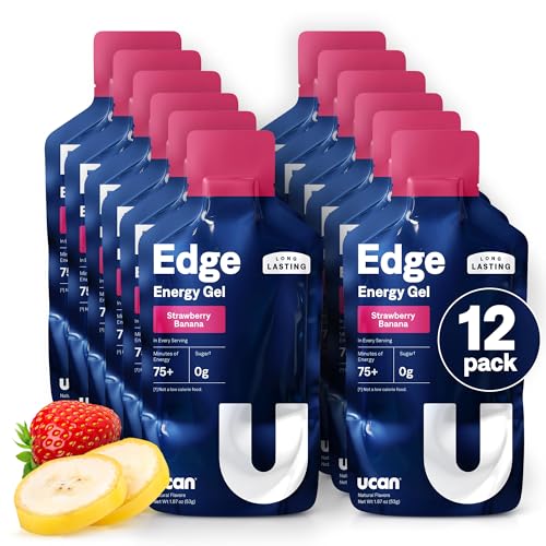 Image of UCAN Edge Energy Gel Shots, Strawberry Banana (12, 2 Ounce Packets) for Running, Training, Workouts, Fitness, Cycling, Crossfit | Sugar-Free, Vegan, & Keto Friendly Energy
