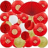 25Pcs Chinese Lunar New Year Decorations 2025 Red Paper Lanterns Fan Honeycomb Balls Hanging for Party Home Decor