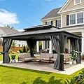 YITAHOME 12x16FT Polycarbonate Gazebo Double Roof Canopy Outdoor with Netting and Shaded Curtains, Metal Frame Polycarbonate Hardtop Garden Tent for Patio, Backyard, Deck and Lawns, Grey