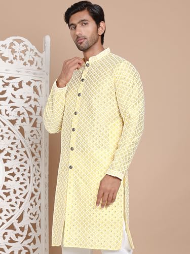 Image of Jompers Men's Silk Blend Regular Fit Sequin Chikankari Front Open Kurtas