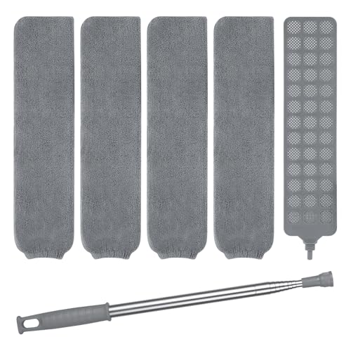 Vicloon Staubwedel Flach, Bedside Dust Brush, Dehnbarer Staubwedel Duster mit Edelstahl Teleskop Stange, mit 3 Abwaschbaren Tüchern, Staubbürste für Schlafsofa Möbelboden Haushaltslücke Schrank Staub