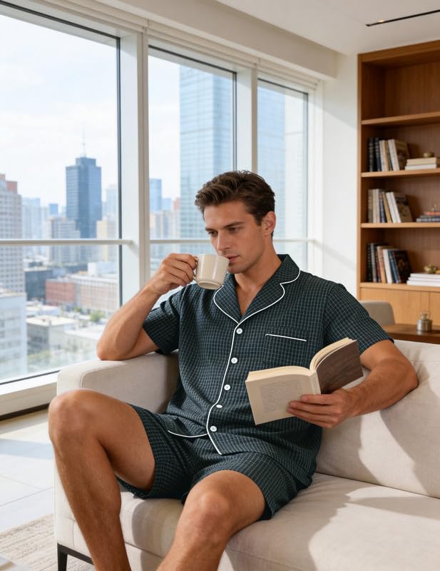 Marvmys Mens 100% Cotton Pajama Set Sleepwear Short Sleeve Pj Set Button Down Lounge Set Plaid Pajamas S-3XL