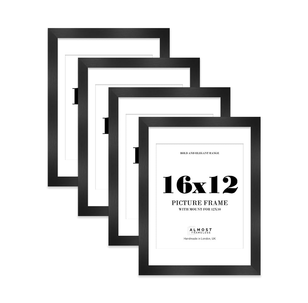 16x12 Black Frame With Mount for 12x10 Pictures 28mm Edge Portrait and Landscape Display with Wall Hooks, 4 Pack