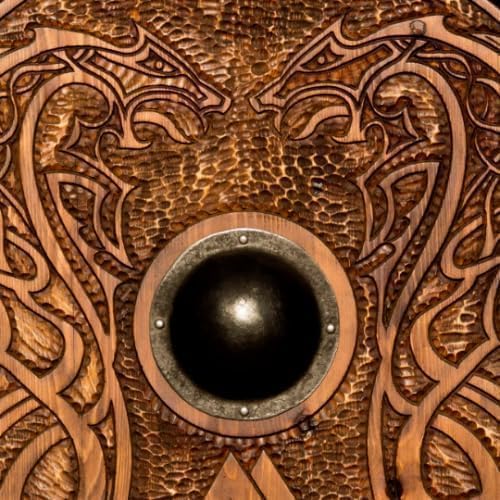 Miniatura 3 de Medieval Viking Shield Hand-Carved Dragon Design, Battle-Worn Norse Knight Wooden Shield with Iron Accents for Roleplay & Cosplay Brown