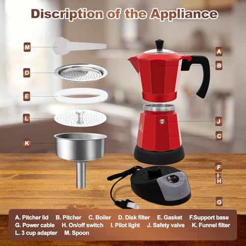 Image of Aluminum Electric Coffee Maker Moka Pot for 5-6 Cup 270ml with Detachable Base Coffee Makers for Home Coffeemaker Italian and Cuban MochaPot Espresso Coffee Maker Red