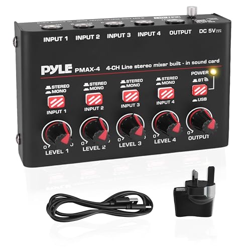 PYLE Mini Audio Mixer 4 Channel Bluetooth USB Sound Console for Microphone Music & Karaoke Compact Design High Relevance for Podcasting & Home Studio Plug & Play Setup