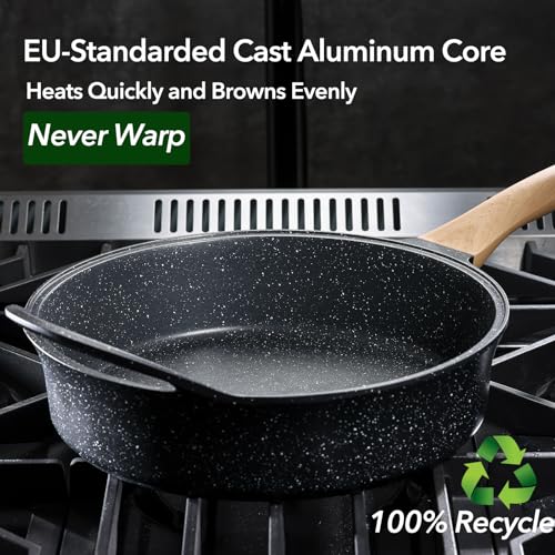 Deep Nonstick Frying Pan with Lid, 4.5 QT Swiss Granite Coating Sauté Pan, 12 Inch Healthy Non Stick Skillet Cooking Pan and Helper Handle with Silicone Cover, PFOA Free, Induction Ready.