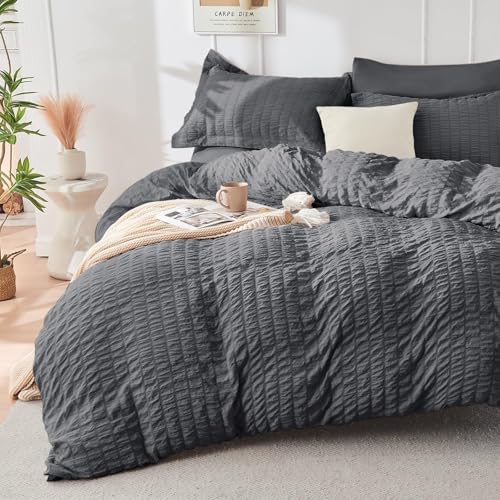 HYMOKEGE Queen Comforter Set Seersucker 7 Pieces, All Season Luxury Bed in a Bag for Bedroom, Bedding Set with Comforters, Sheets, Pillowcases & Shams, Dark Grey - Image 3