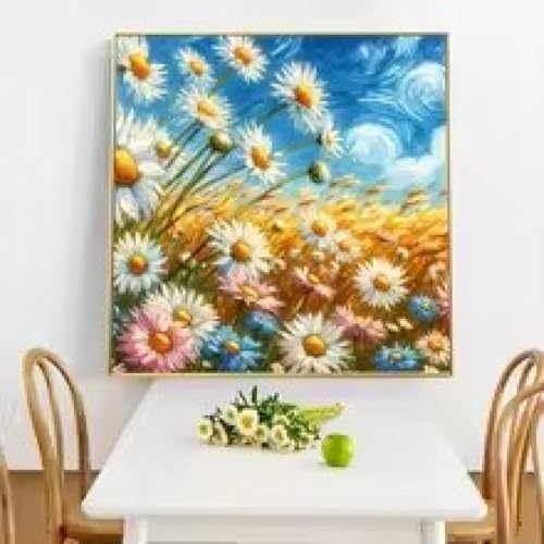 XBTYKPB Pósteres en lienzo con paisaje de margaritas al viento, impresiones para sala de estar, decoración del hogar, pintura contemporánea de flores silvestres, arte de pared, marco de 65 x 65 cm