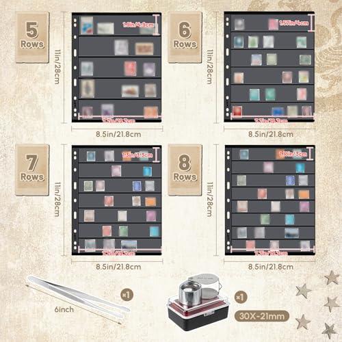 Image of Lewtemi Stamp Collecting Albums Set 4 Ring Stamp Collection Book Include 20 Pages Album Binder Tweezer and Loop Magnifier Collecting Supplies for Collectors(Black,5 /6 /7 /8 Rows)