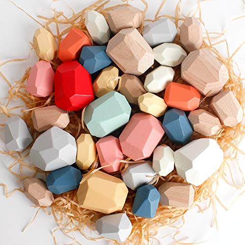 Bestamtoy LE309 36 Pcs Wooden Sorting Stacking Rocks Stones,Sensory Toddler Toys Learning Montessori Toys, Building Blocks Game thumb #3