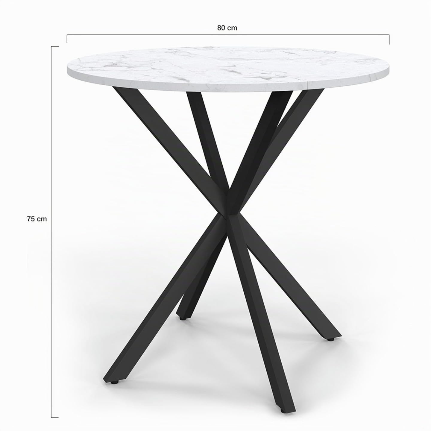 IDMarket – Mesa de comedor redonda Alix 4 personas Pie araña negro Bandeja efecto mármol blanco Alaska 80 cm