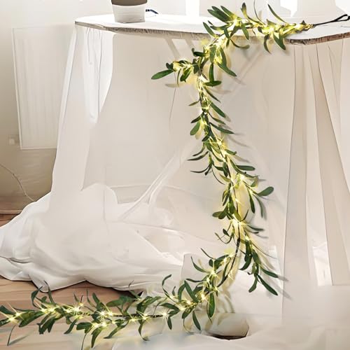 Image of 6.56FT Lighted Olive Garland with Lights 96 LED 8 Modes Battery Operated with Timer Artificial Greenery Vine Garland with Lights for Mantel Fireplace Table Wall Patio Wedding Holiday Spring Decoration