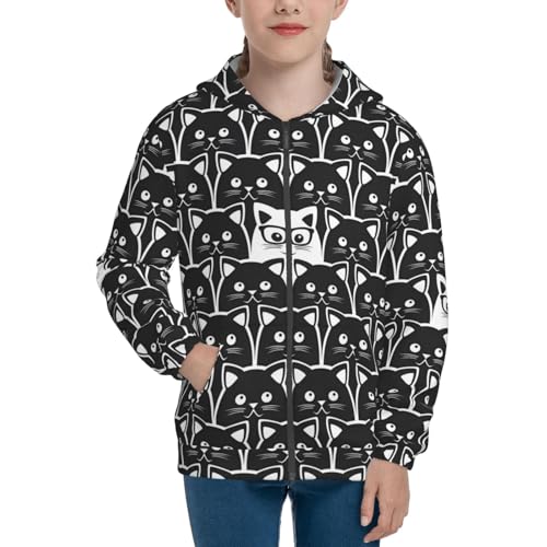 Black Cats and One White Kids Pullover Hoodies Boys Zip Up Sweatshirts Girls Athletic Clothes with Pocket3