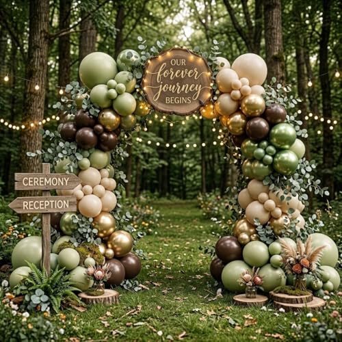 Image of Sage Green Brown Safari Balloons, 60PCS Dusty Olive Green Coffee Beige Metallic Gold Eucalyptus Latex Balloon, Camo Army Hunting Balloons for Woodland Baby Shower Birthday Party Decorations Supplies