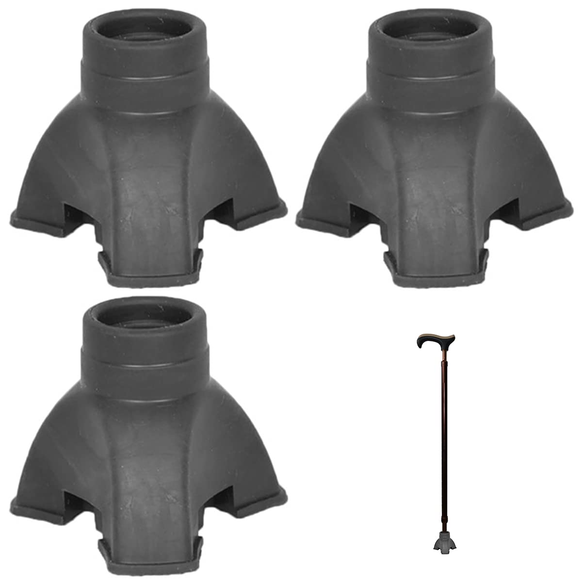 3-Piece Rubber Walking Stick Ferrule - Tri-Legged Support Crutch Pad for Heavy-Duty Climbing with Tripod Base - Outdoor Hiking and Camping