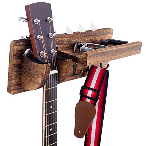 QLLUCKLY Guitar Holder Wall Mounted Guitar Stand Guitar Wall Hanger Wood Hanging Rack with Pick Holder and 4 Hook