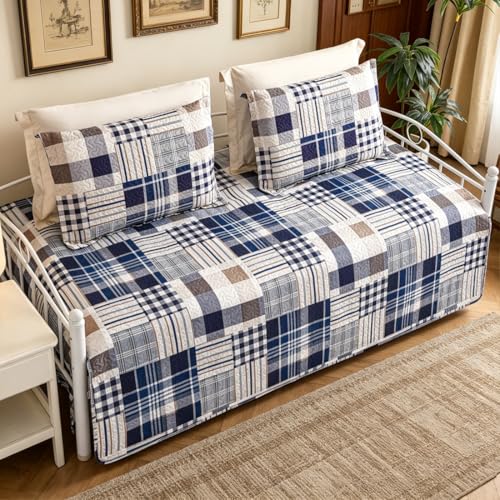 Image of Jarson 3 Pcs Plaid Daybed Cover Set Twin Size Navy White Brown Sofa Cover Double Side Bed Set Classic Patchwork Bedding Sets Daybed Quilt Set with Pillow Shams