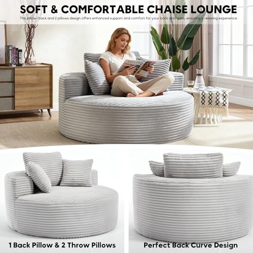 Image of Oversized Round Chair Lounge Chaise Indoor, 55.5 inch Upholstered Corduroy Deep Seat Single Cloud Sofa Chair, Fluffy Modern Large Circle Boneless Sleeper Sofa for Living Room, Bedroom, Grey