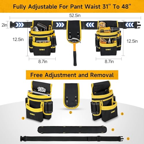 Tool Belt,Magnetic Tool Pouch,27-Pockets Heavy Duty Padded Tool Belts for Men,Detachable & Adjustable Tool Pouch Bag for Electrician,Carpenter,Construction,Work Apron,Utility Belt,Black,Yellow