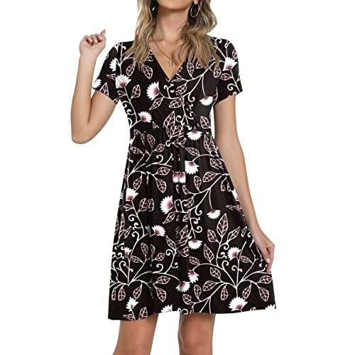 Vestidos Niña Foque Vestido Casual de Verano para Mujer Mangas Cortas Bolsillo con Cuello en V Vestido Elegante Suelto Cómodo Vestido de Playa Informal (Black, XL)
