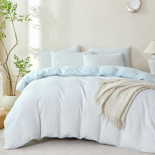 Image of Cornflower Blue Striped Comforter Set Queen - 3 Pieces Bedding Comforter Set for All Season, Soft Lightweight Washed Microfiber, 1 Striped Comforter and 2 Pillowcases (Blue, Queen Size)