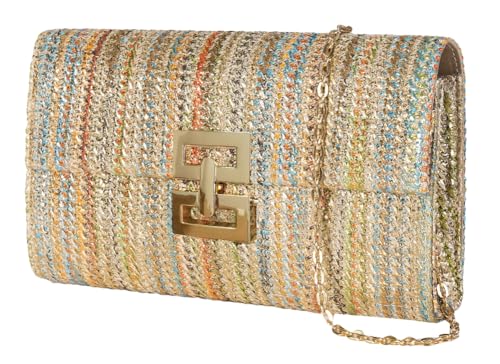 Straw Clutch Purse for Women Chic Color Blocked Evening Handbag Summer Beach Shoulder Bag Travel Party Chain Purse