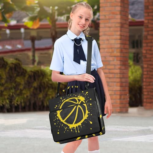 Image of 3 Ring Zipper Binder with Shoulder Strap Yellow Basketball Splash Black 1.5 inch Binders Keeper Large Capacity Multi Pockets for School Office Supplies