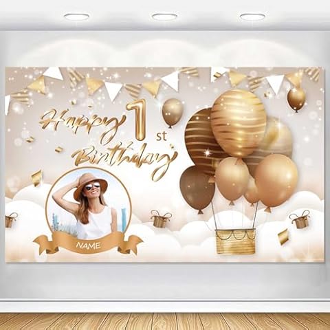 AUBAO Custom Beige Happy Birthday Banner Backdrop Large Happy Birthday Hot Air Balloon Backgroud Party Indoor Outdoor Car Decoration Supplies for Girl Women (4x6ft) Cover