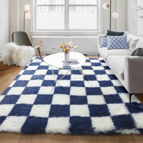 Image of KICMOR Rugs for Living Room, Soft Fluffy Checkered Shag 5x8 Area Rug Large Big Fuzzy Shaggy Bedroom Plush Carpet, Navy Blue and Cream White Rug for Kids Boys Girls Dorm Nursery Home Decor Aesthetic