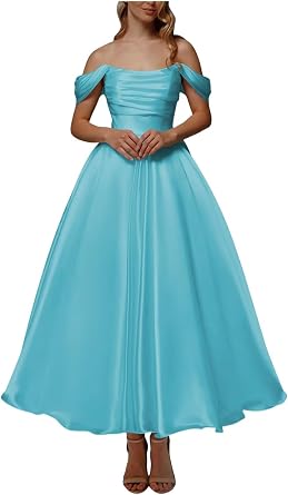 Tea Length Wedding Dresses for Bride Satin Off The Shoulder Midi A Line Formal Party Corset Dress for Women
